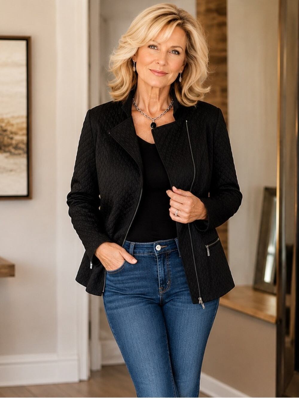 Gerry Weber Black Quilted Zip Jacket Blazer – Size Medium- See Measurements